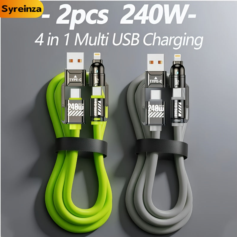 2-Pack 240W 4-in-1 Fast Charging Cable Set – USB-A, USB-C & Lightning Multi-Function