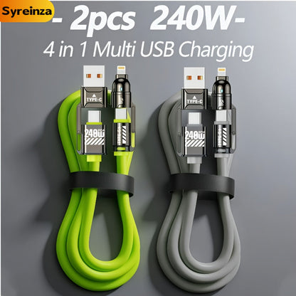 2-Pack 240W 4-in-1 Fast Charging Cable Set – USB-A, USB-C & Lightning Multi-Function