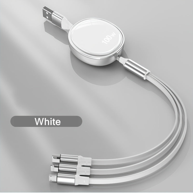 100W 3-in-1 Fast Charging Cable – Retractable USB Charger with Type-C