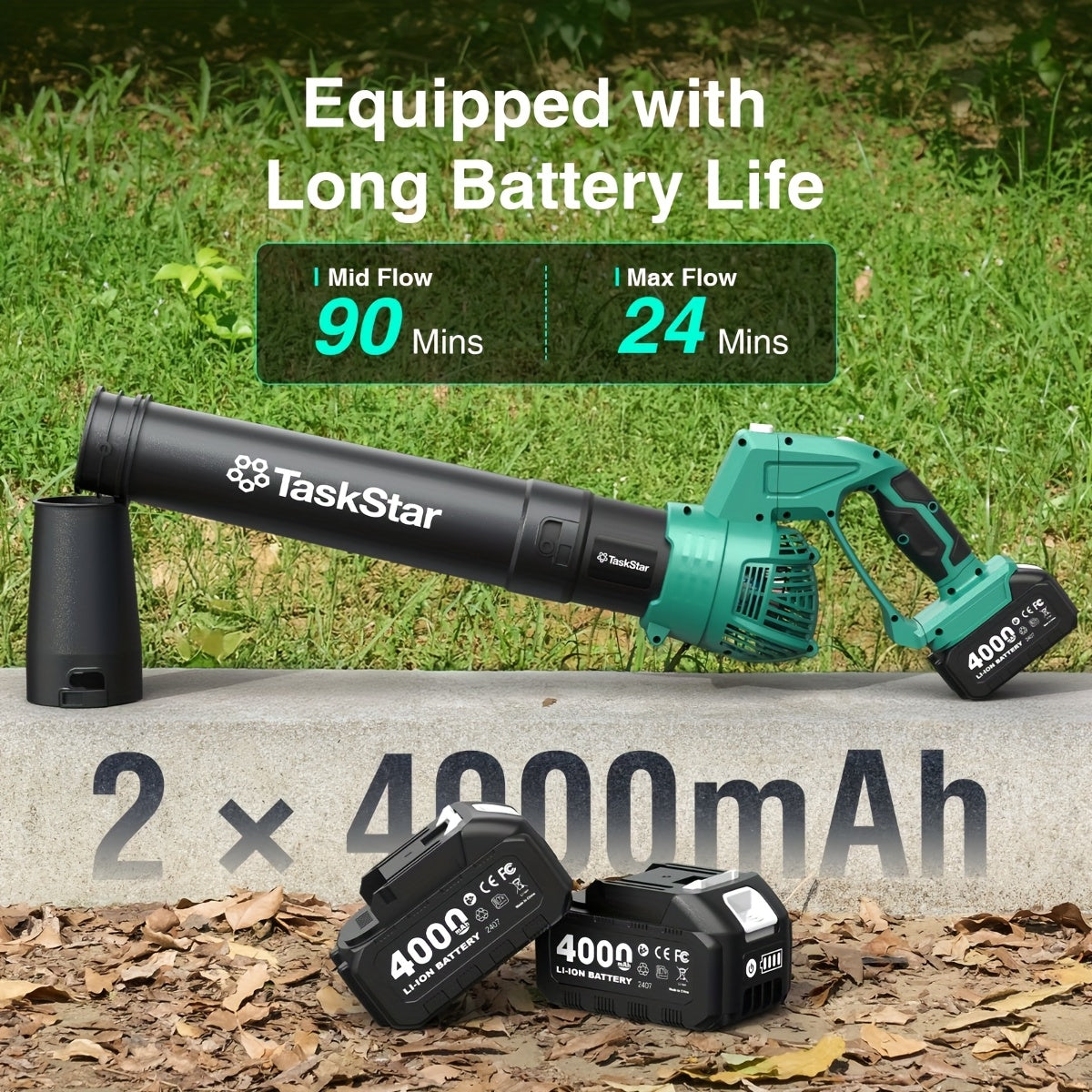 Cordless Leaf Blower 550 CFM with Rotating Head, 2 x 4.0Ah Batteries & Fast Charger,