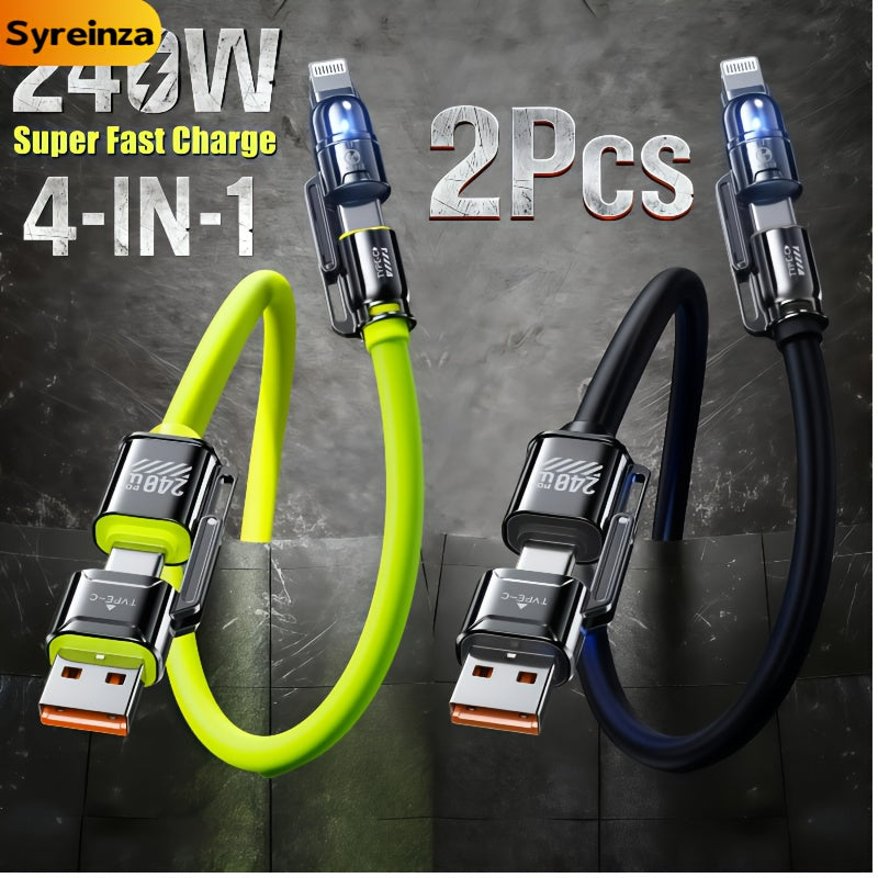 2-Pack 240W 4-in-1 Fast Charging Cable Set – USB-A, USB-C & Lightning Multi-Function