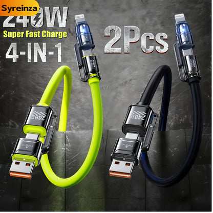 2-Pack 240W 4-in-1 Fast Charging Cable Set – USB-A, USB-C & Lightning Multi-Function