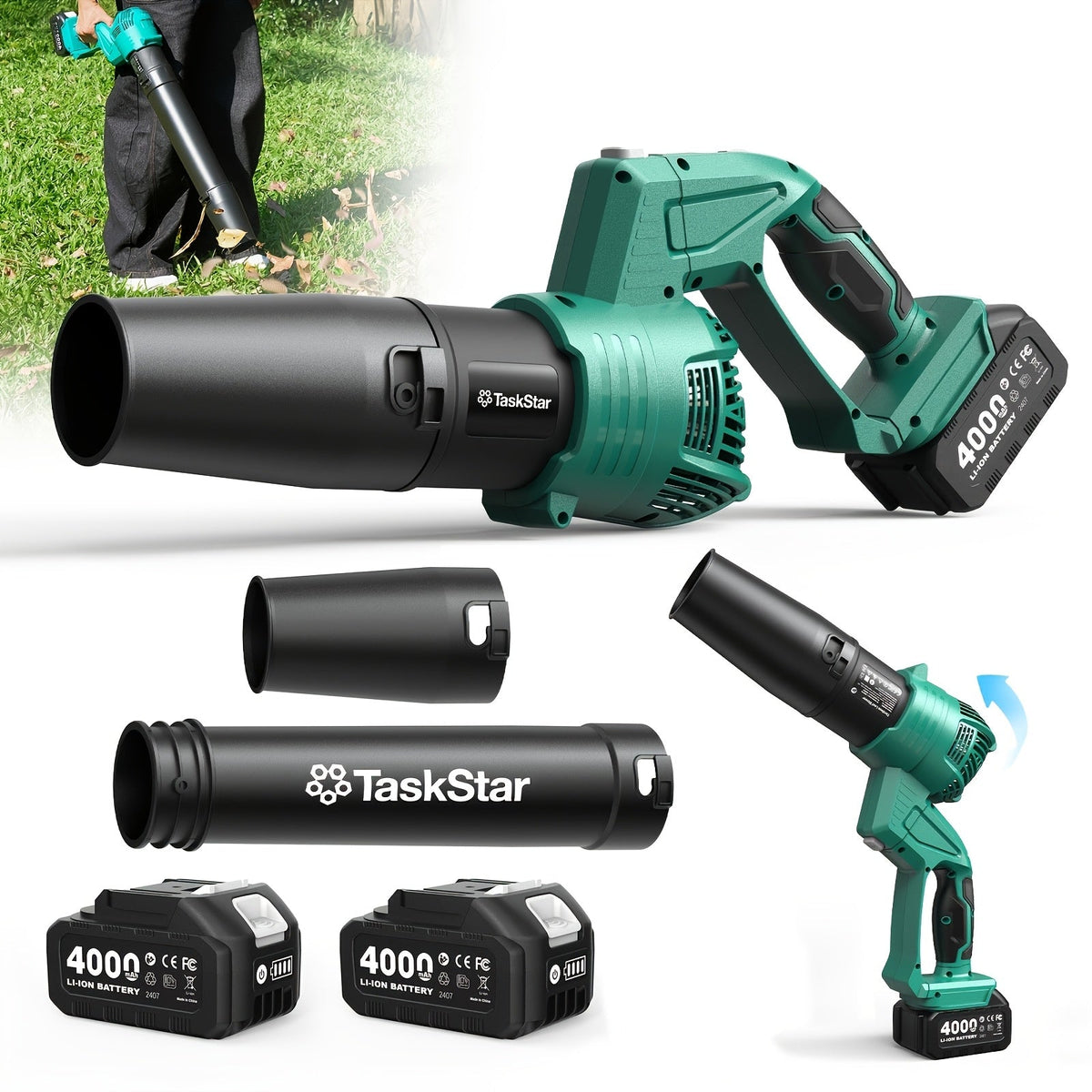 Cordless Leaf Blower 550 CFM with Rotating Head, 2 x 4.0Ah Batteries & Fast Charger,