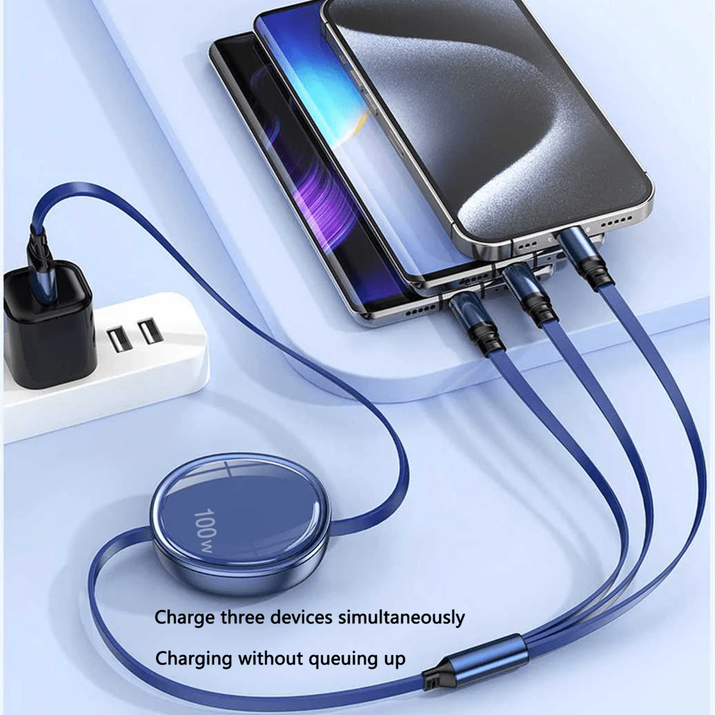 100W 3-in-1 Fast Charging Cable – Retractable USB Charger with Type-C