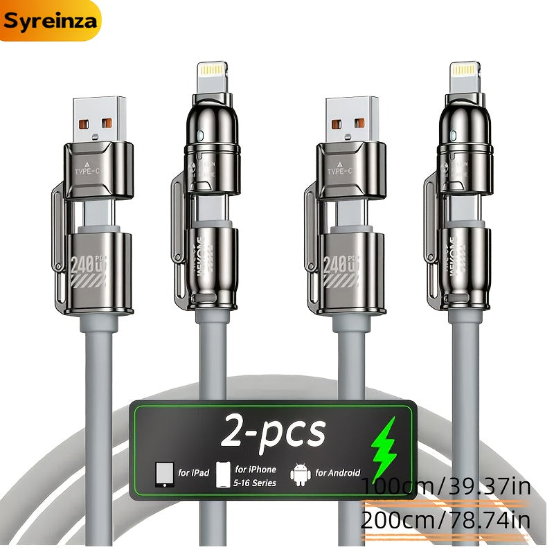 2-Pack 240W 4-in-1 Fast Charging Cable Set – USB-A, USB-C & Lightning Multi-Function