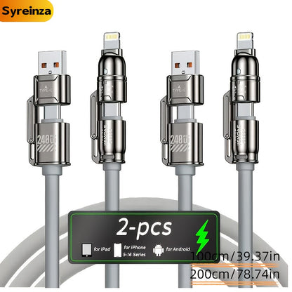 2-Pack 240W 4-in-1 Fast Charging Cable Set – USB-A, USB-C & Lightning Multi-Function