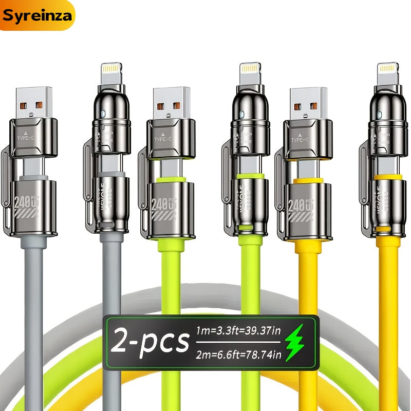 2-Pack 240W 4-in-1 Fast Charging Cable Set – USB-A, USB-C & Lightning Multi-Function