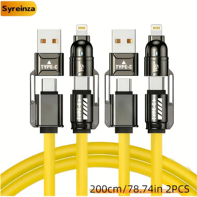 مجموعة كابل شحن سريع 4 في 1 بقوة 240 واط، عبوتين - متعددة الوظائف USB-A، وUSB-C، وLightning