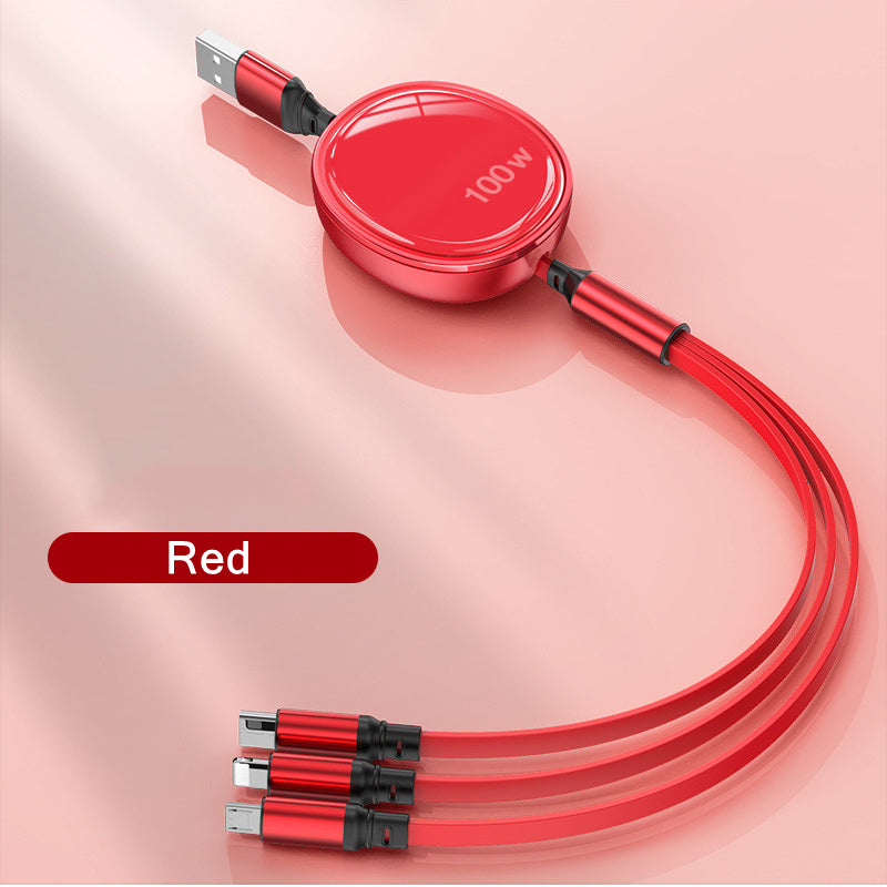 100W 3-in-1 Fast Charging Cable – Retractable USB Charger with Type-C