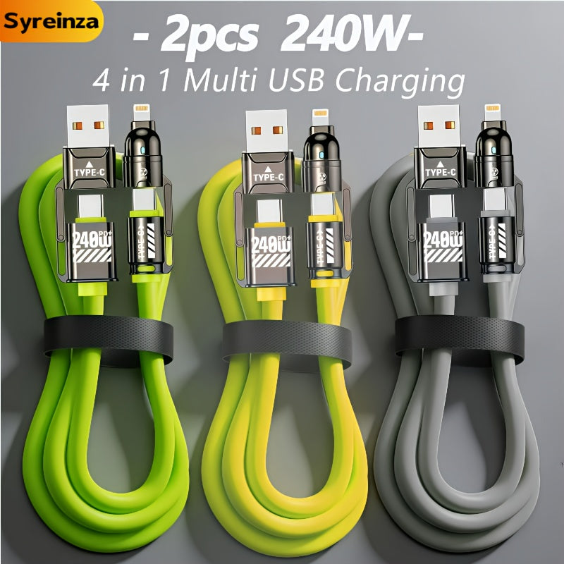 2-Pack 240W 4-in-1 Fast Charging Cable Set – USB-A, USB-C & Lightning Multi-Function